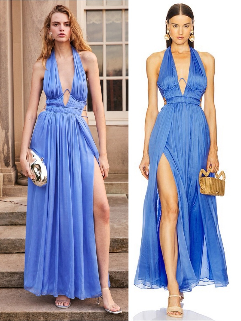 Cult Gaia Aashvi Plunging Halter Neck Silk Gown Capri Blue NEW with tags